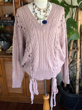 Listicle Dusty Lavender Lilac V-Neck Lace-Up Cable Knit Sweater S